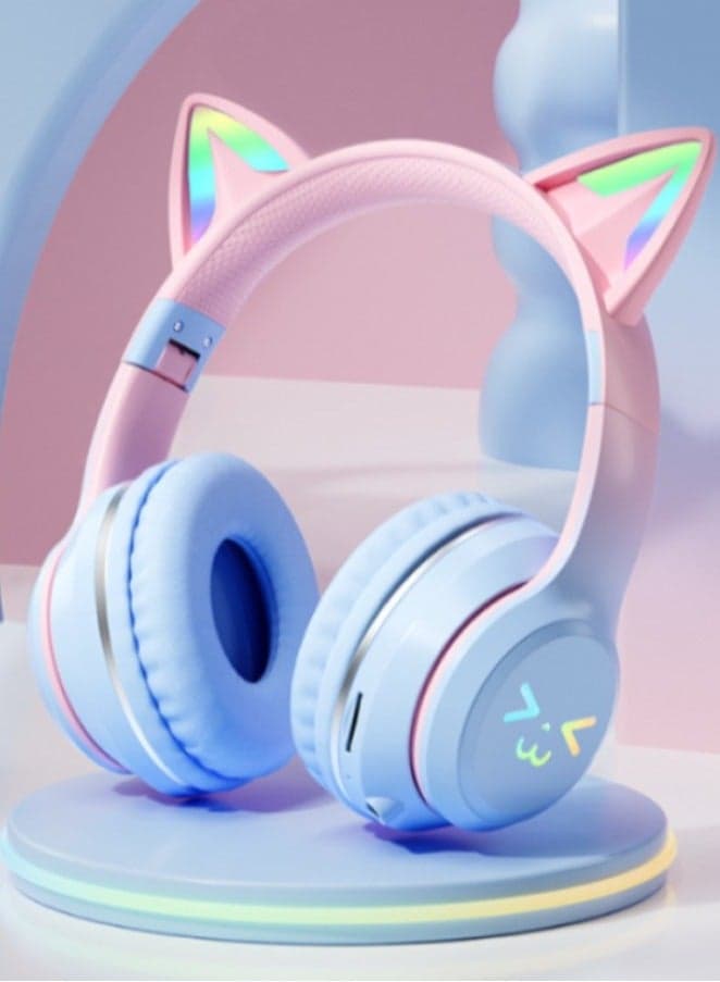 Bluetooth Cat Ear Headphones For Kids Wireless and Wired Mode Foldable Headset With RGB LED Light, Cat Ear Wireless Headphones, Stereo Gaming Headset for Cellphone