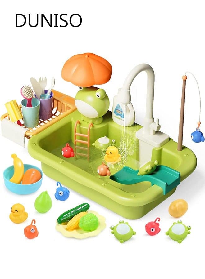 Pretend Play Kitchen Sink Toys Kids Sink Toys with Running Water and Upgraded Electric Faucet, Play Kitchen Toy Accessories, Pool Floating Fishing Toys for Water Play, Kids Role Play Dishwasher Toy