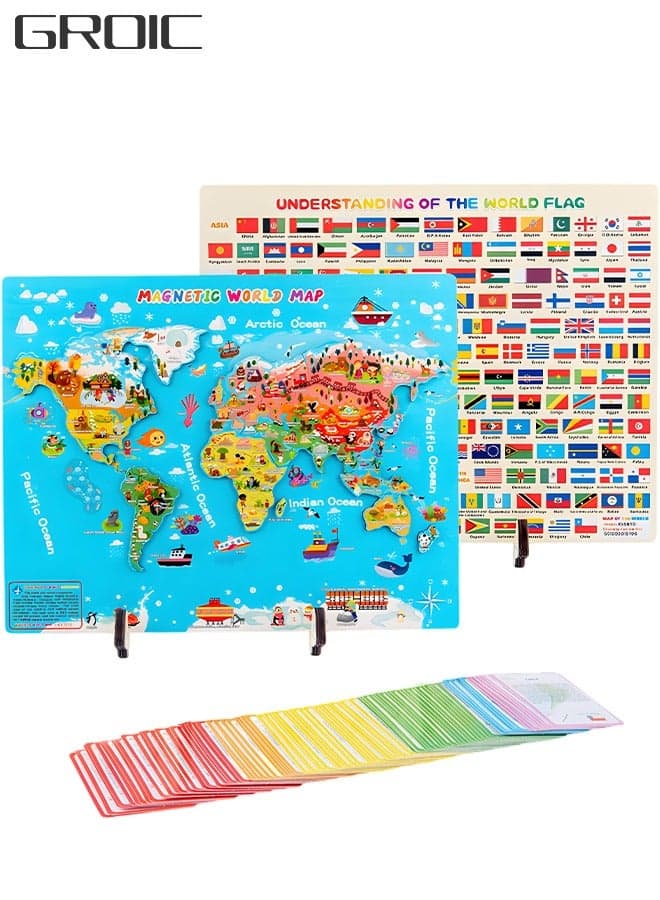 Genuine Magnetic Wooden World Map Puzzle,World Map Jigsaw Puzzle, 92 Country Flash Cards,National Flags Introduction,Preschool Learning Education Geography Toy