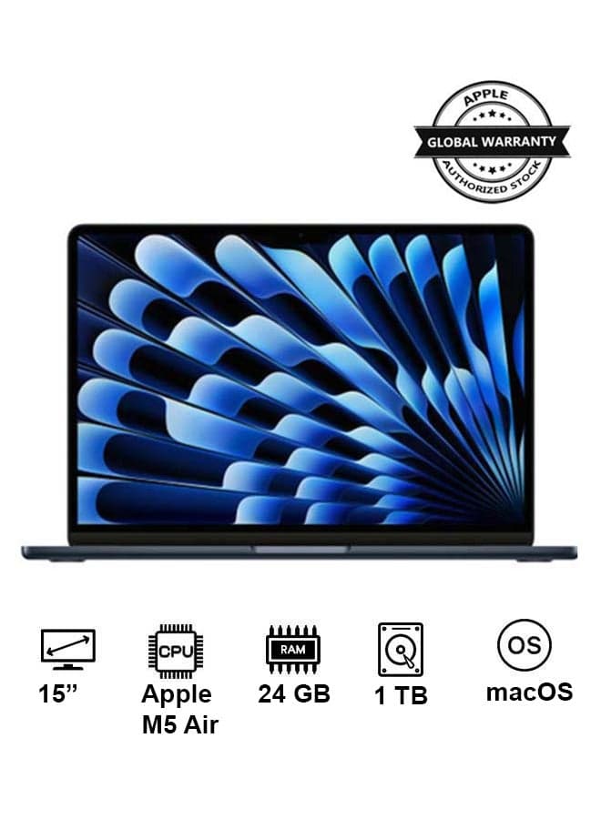 New 2026 MacBook Air MDVN4 | 15 Inch Display | M5 Air 10-Core CPU 10-Core GPU | 24GB RAM | 1TB SSD | macOS | English Keyboard | Midnight