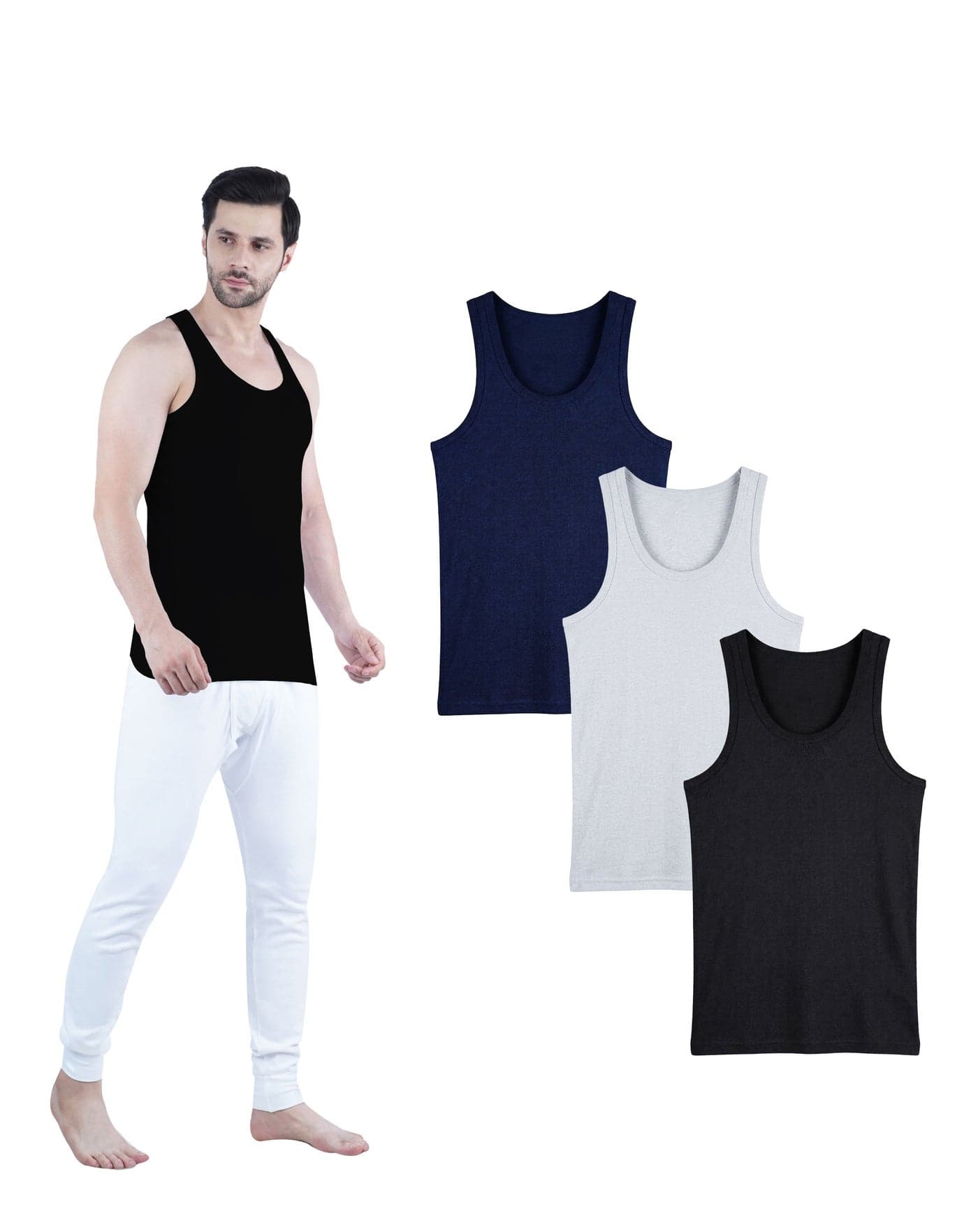 WHITE LEAF Men's Tank Top Vest 3PCS Pack – 100% Combed Cotton Breathable Sleeveless Innerwear, BK/GYM/NV
