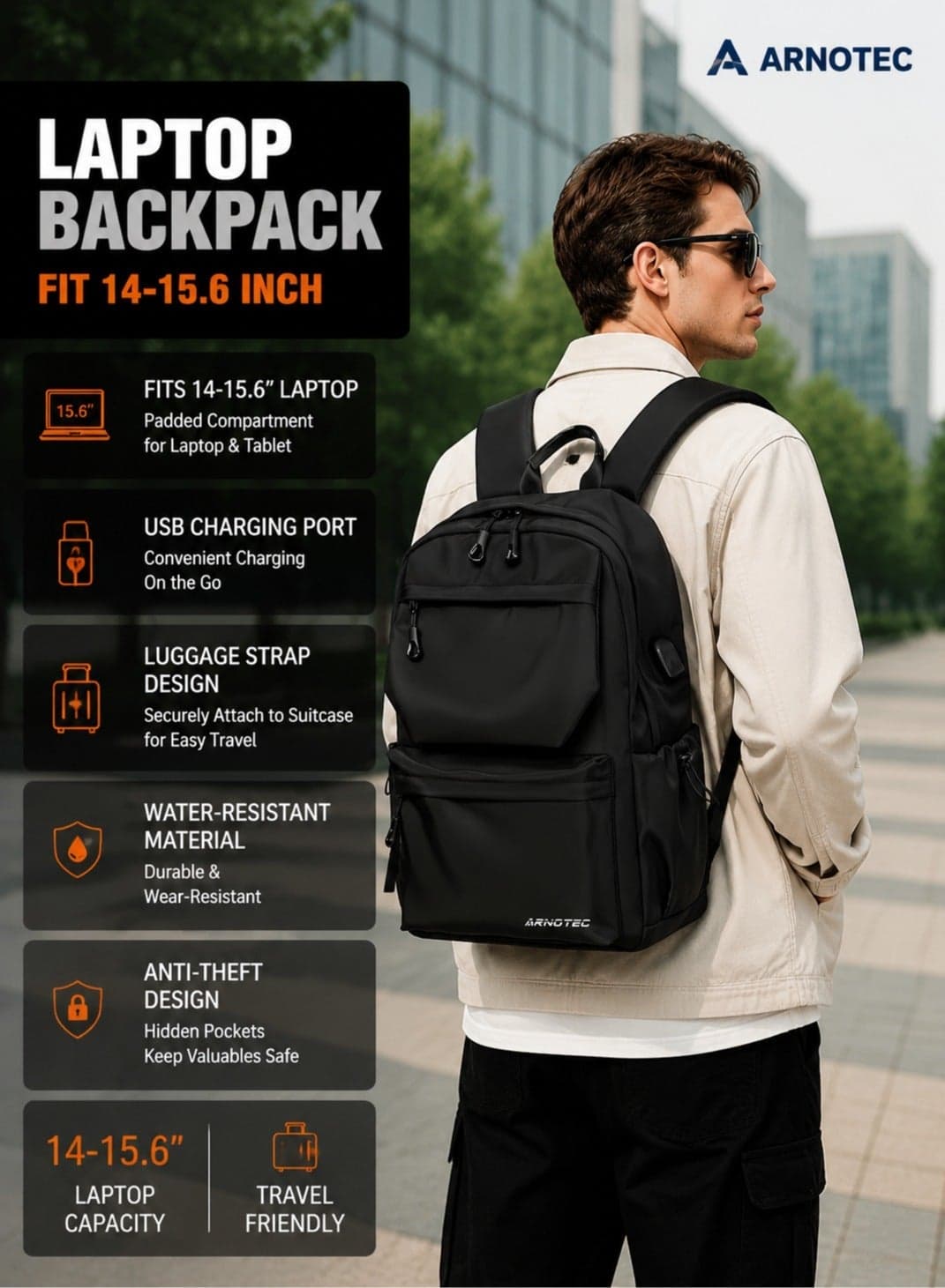 15.6" Laptop Backpack with USB Charging Port – Lightweight Anti-Theft Travel Bag with Luggage Strap, Water-Resistant, Fits 14–15.6 Inch Laptop (Black)