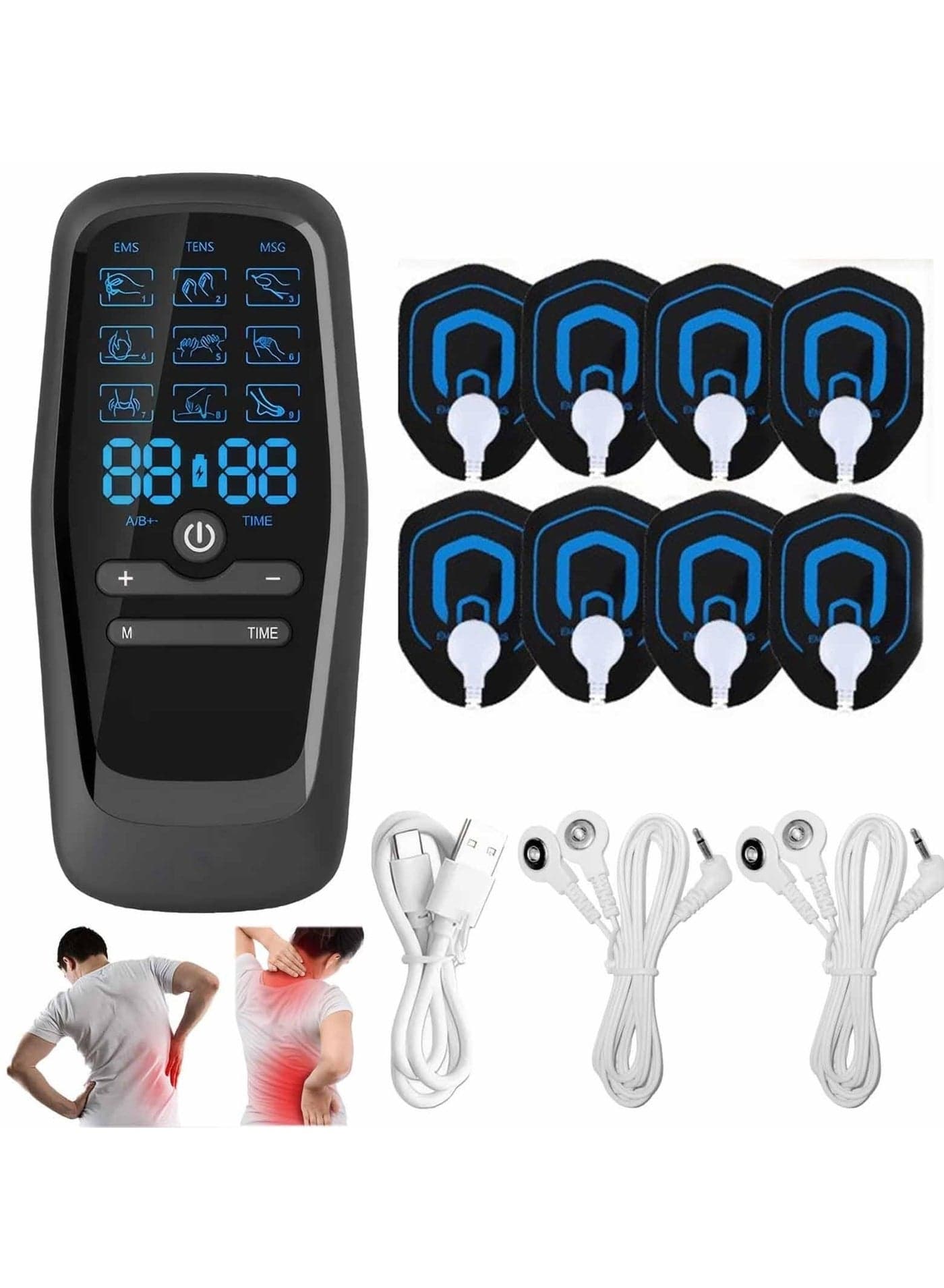 Dual-channel Physiotherapy Instrument Low Frequency Electronic Muscle Stimulation Massager, 9 Modes of Electric Massage, with 8 Electrode Patches to Relieve Muscle Soreness Joint Pain,Black