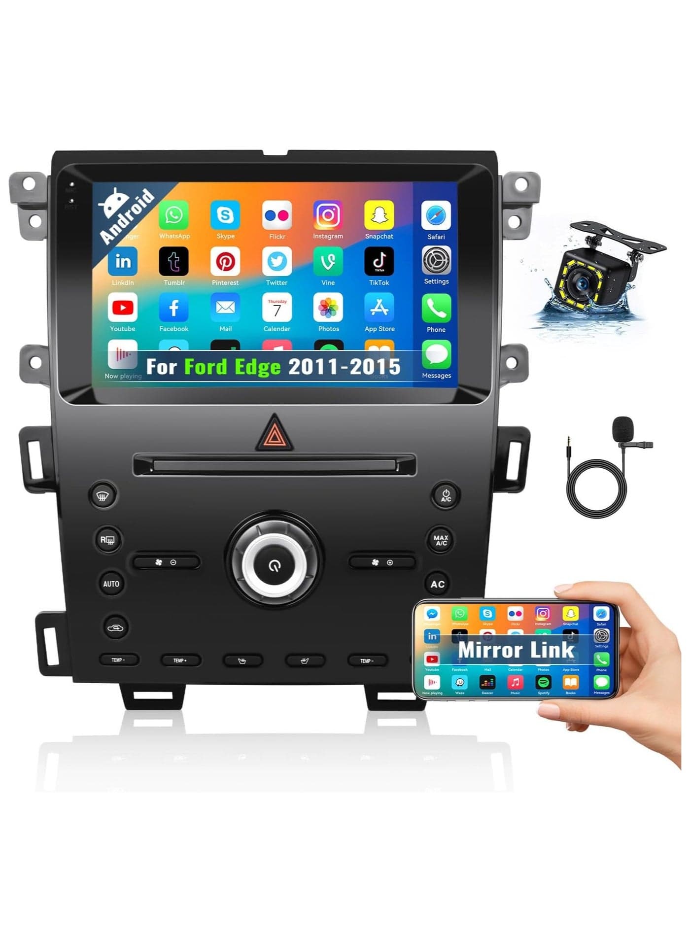 9-Inch Android Car Stereo Radio for Ford Edge 2011–2015 with Bluetooth, GPS, WiFi, Backup Camera, FM Radio, Mirror Link, Subwoofer, SWC, Mic – 2GB RAM 32GB ROM Touch Screen