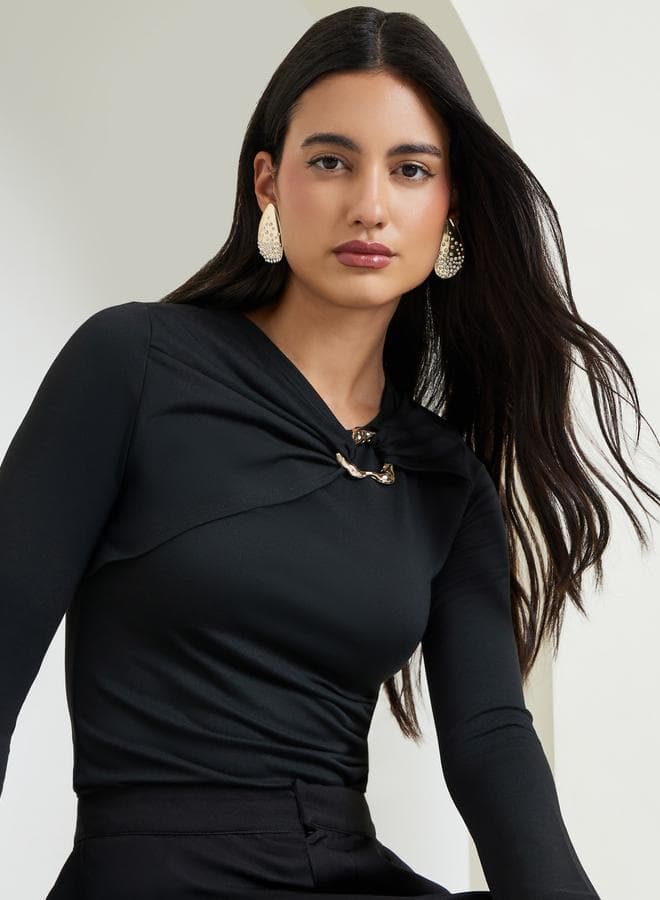 Black Knit Top with Gold Metal Detail