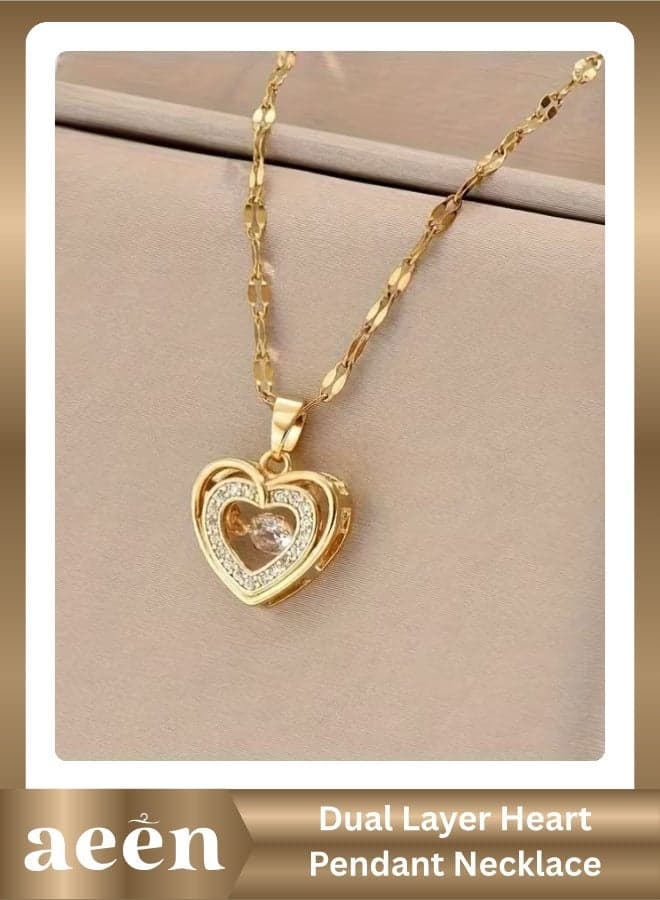 Elegant Dual-Layer Heart Pendant Necklace for Women – Golden-Tone Copper with Sparkling Cubic Zirconia, Perfect Gift for Mother’s Day & Special Occasions