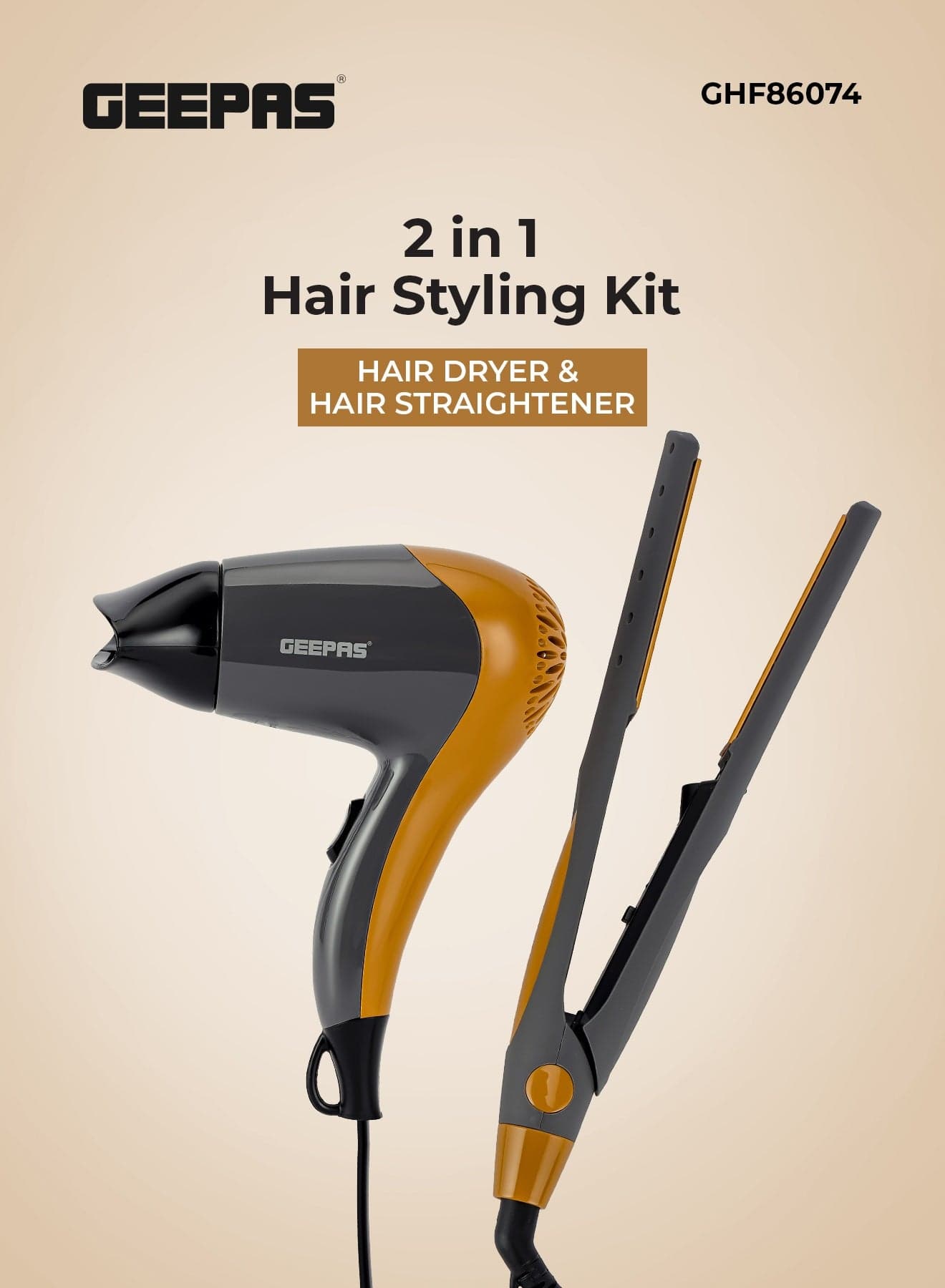 Hair Dryer & Straightener Combo, Dryer With DC Motor, 2 Speed & 2 Heat Setting, Concentrator, Hang-Up Hook & Straightner With On/Off Switch With Indicator, PTC Heater, Ceramic Coating plate