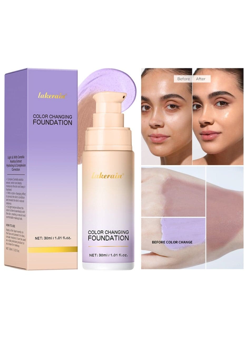 Color Changing Foundation, Tone Correcting Moisturizing Full Coverage Foundation Natural Matte Finish Anti-Fade Sweat-Resistant for Dull Yellow Skin Daily & Special Occasion Makeup #2 Purple