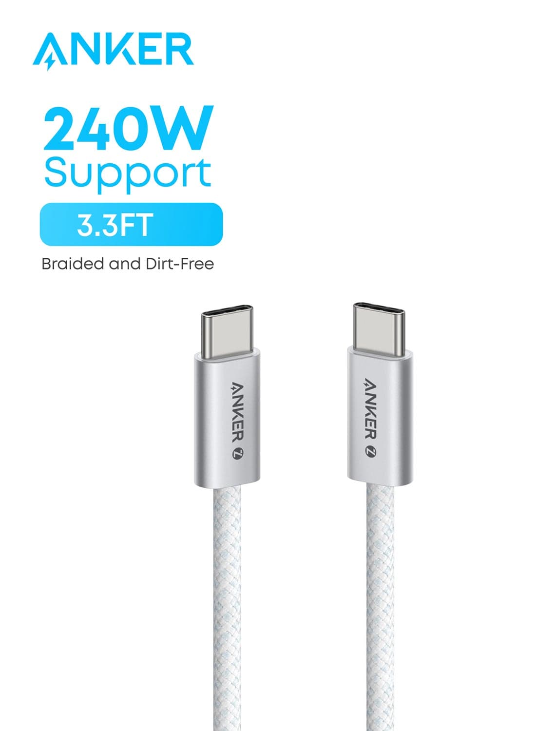 Zolo USB C to USB C Cable, Braided and Dirt-Free Type C Fast Charging Cable, Slim Connector, for iPhone 17/16 Series, MacBook (240W) (White, 3.3ft) White