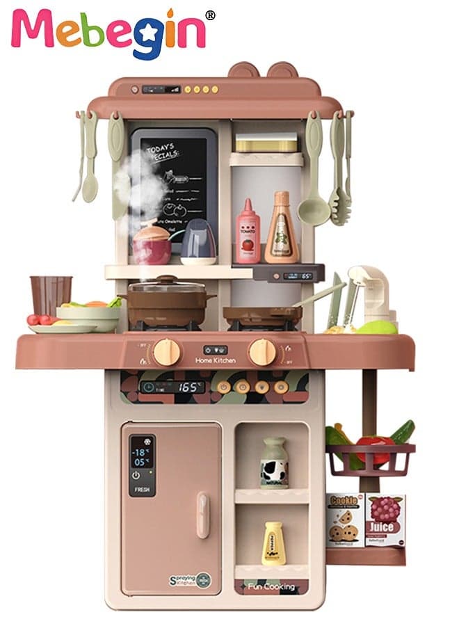 55 Pcs Pretend Kitchen Toy Set with Accessories, Kitchen Play Set Toy with Realistic Light Sound Steam Simulation, Indoor Kitchen Cooking Playset Toys with Water Outlet, Toys for Children Kids Girls B