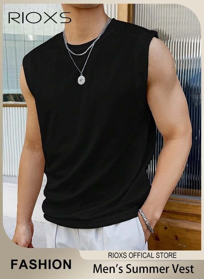 Men's Workout Tank Tops, Loose Fit Quick Dry Summer Sleeveless Sports T-Shirt for Men, Soft Breathable Moisture Wicking Street Vest, Casual Solid Color Tank Shirts, Beach Lightweight Muscle Tee for Gym Workouts, Jogging, Team Sports, and Outdoor Activities, Black