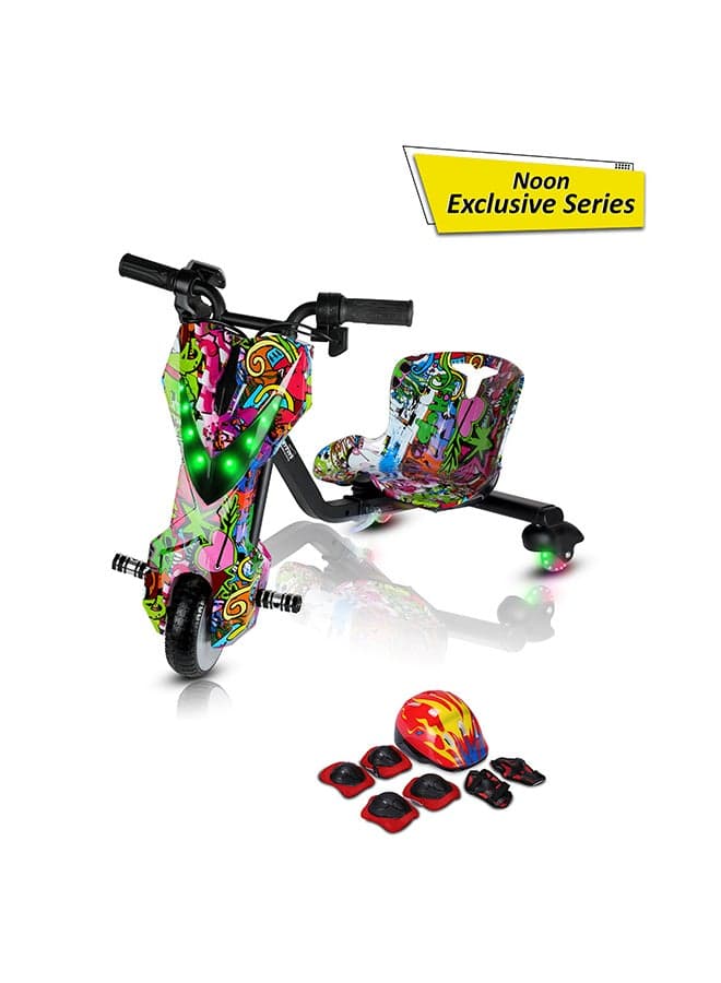 MyToys | Mini 36V High-Power 360° Electric Stunt Drifting Scooter For Kids & Adults - Adjustable Body With Bluetooth & Protective Gear, 3 Speed Modes, 250W Brushless Motor, 8-15 Km/H With 80 Kg Load, Noon Exclusive Series - Multicolor Grafitti | Age 6+
