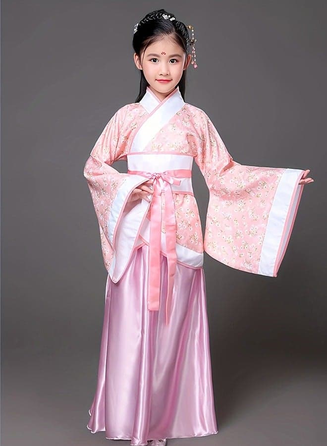 Girls Traditional Chinese Hanfu Dress Costume Set with Floral Polyester Top, Wide Sleeves Belt and Long Skirt, Ancient Fairy Princess Outfit for Cultural Festival, School Performance and Daily Wear