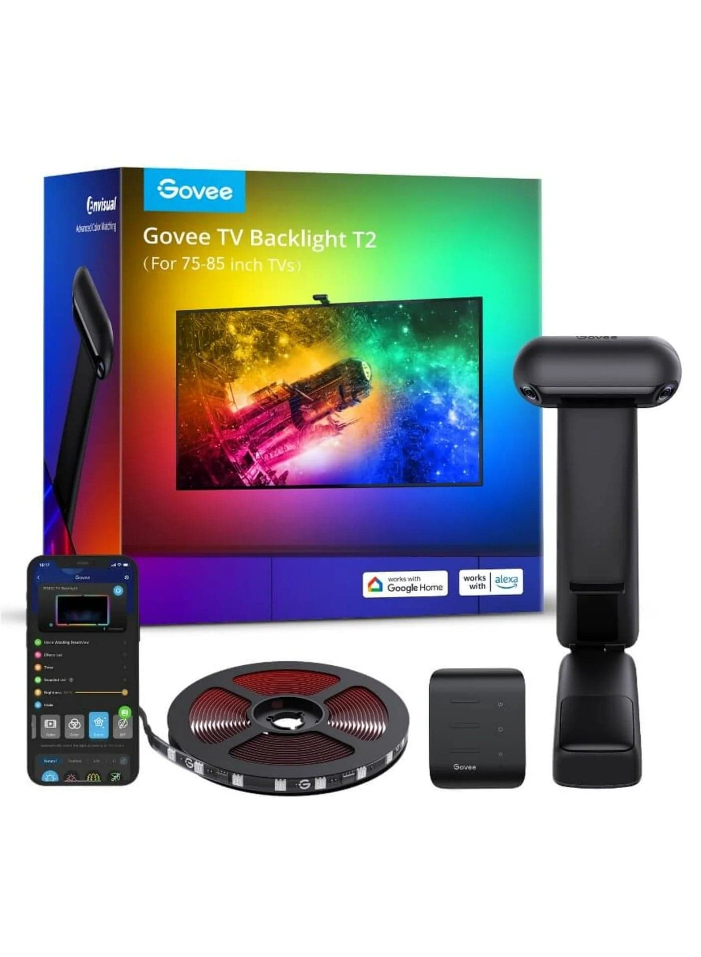 TV Backlight T2 Lighting, With Dual Cameras, Suitable for 75-85 inch, 5m/16.40ft 4 Sections Length, RGBIC Color, 12 Volts, 48 Watts, 2.4GHz Wi-Fi + Bluetooth Connectivity, Black | H605C