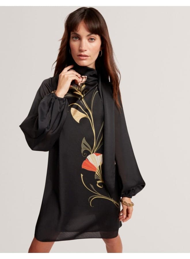 NECK TIE PRINTED MINI DRESS