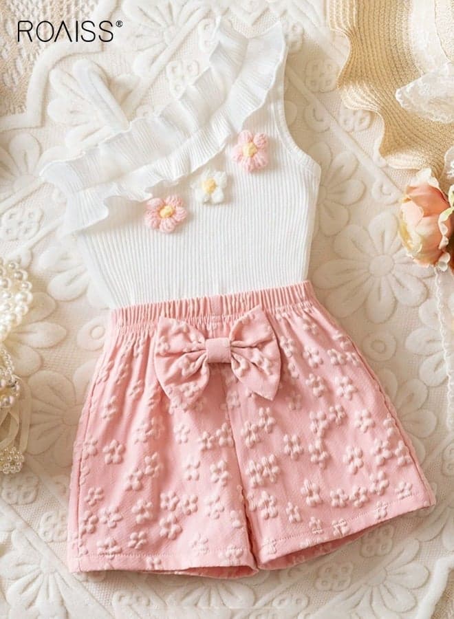 Girls 2PCS Clothing Set, Stylish Sloping Shoulder Tank Top and Elastic Waist Shorts Set for Girls, Summer Outfit with Sleeveless Camisole and Short Pants, Suitable for Daily Wear or Any Occasion