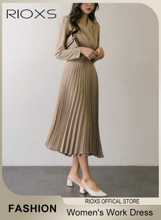 Women's Long Sleeve V-neck Blazer Dress, Elegant A-line Long Pleated Dress with Waist Belt, Ladies Slimming Pleated Office Dress Business Dress, High Waist Solid Color Wedding Guest Costumes for Work Business Meetings Or Daily Wear, Khaki