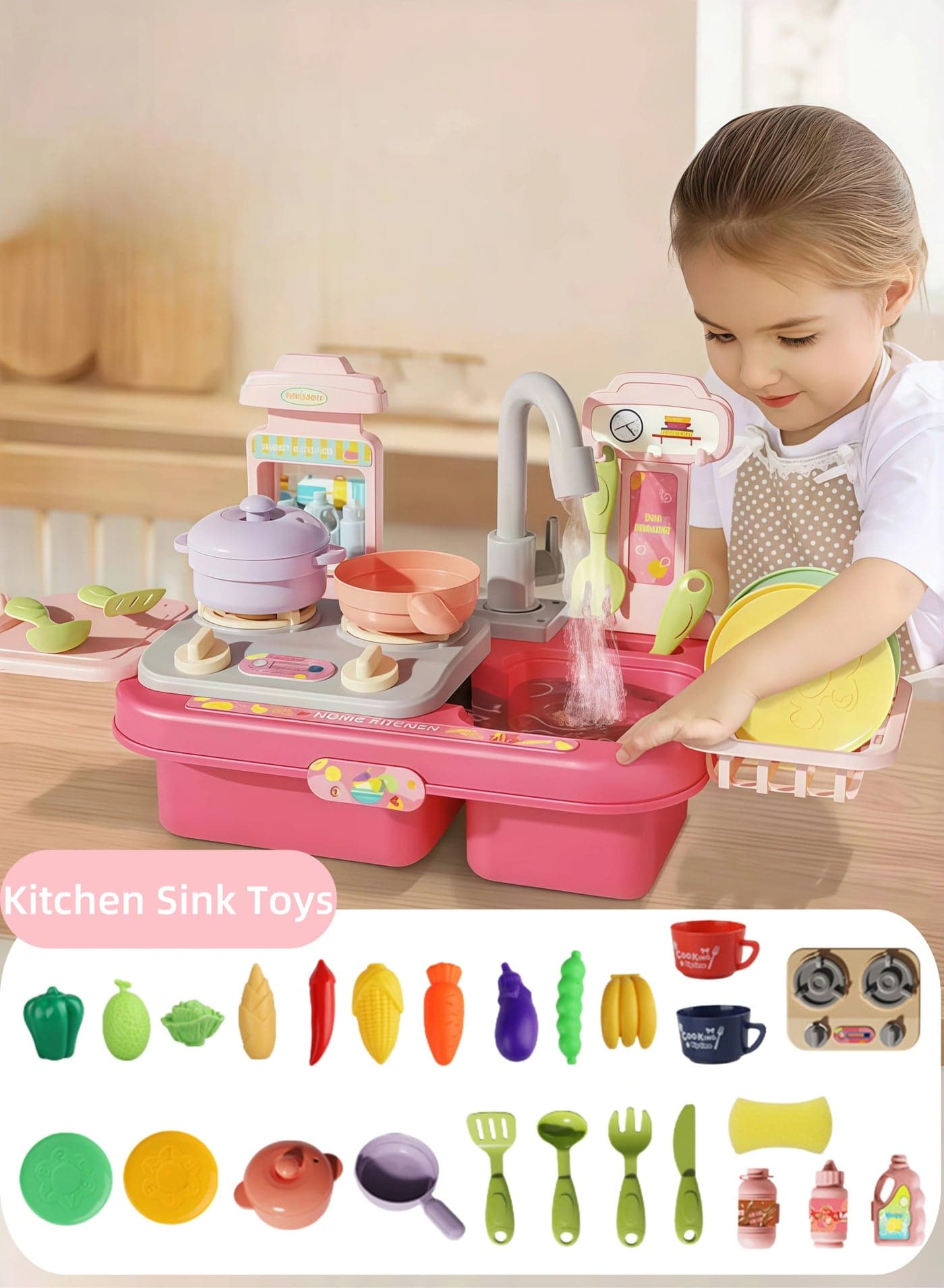 Kitchen Sink Toys, Wash Up Kids Kitchen Set Electric Dishwasher Playing Toy with Running Water Cycle System,Role Play Toy for Boys and Girls kids sink Toys