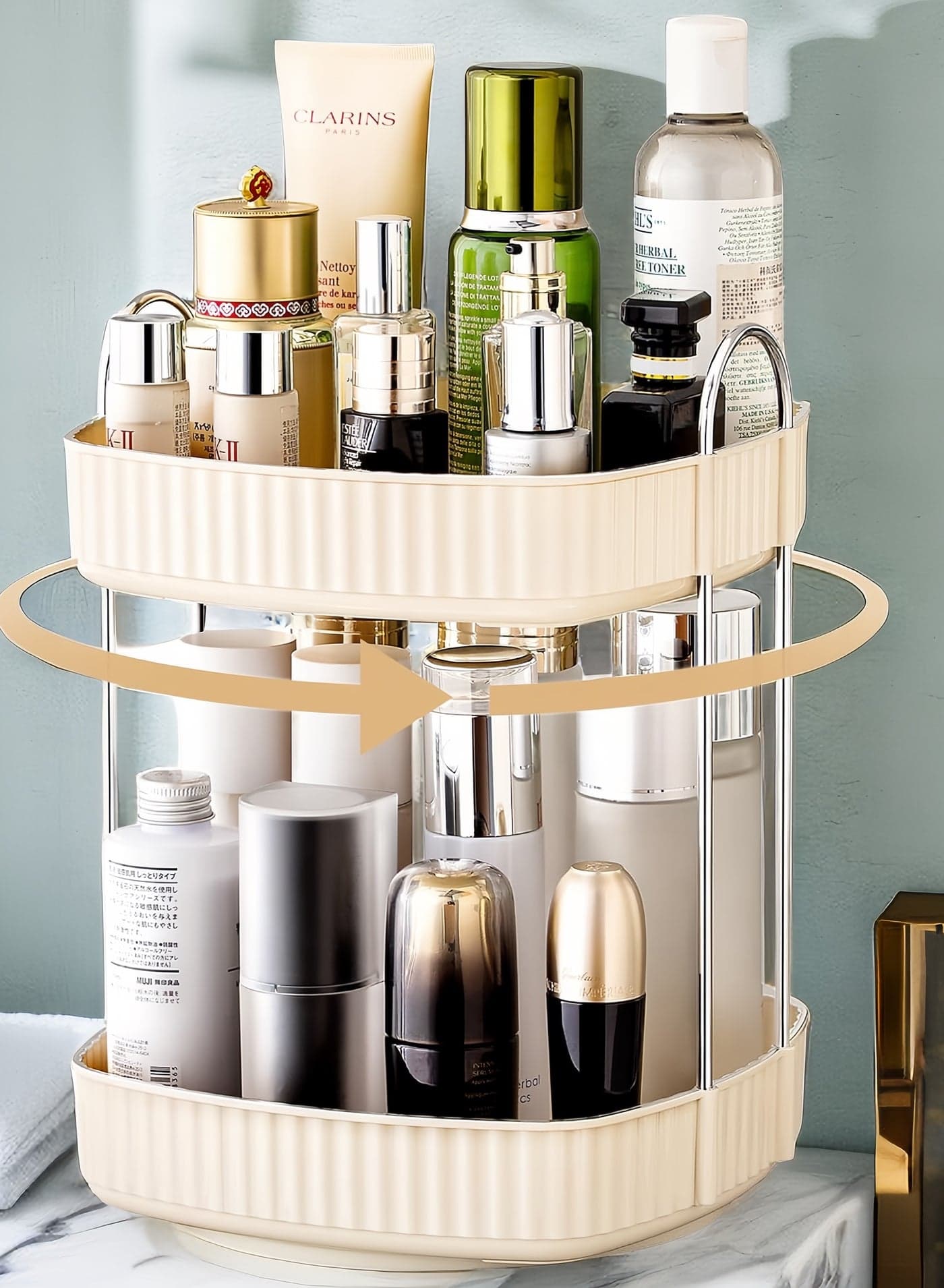 ONECIRCLE Rotating Makeup Organizer for Vanity,Double Tier Cosmetic organizer fits for Cosmetic Display,Skincare Organizer,Bathroom countertop and Lotions Storage & Display (cream white)