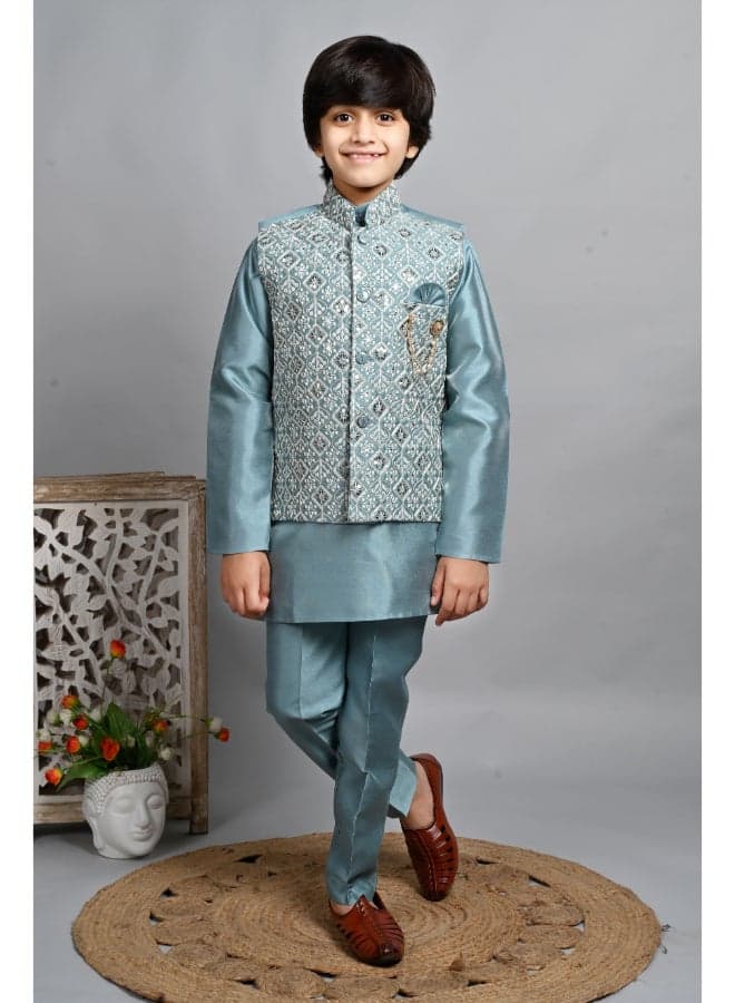 Teal Blue Kurta Pyjama Set for Boys