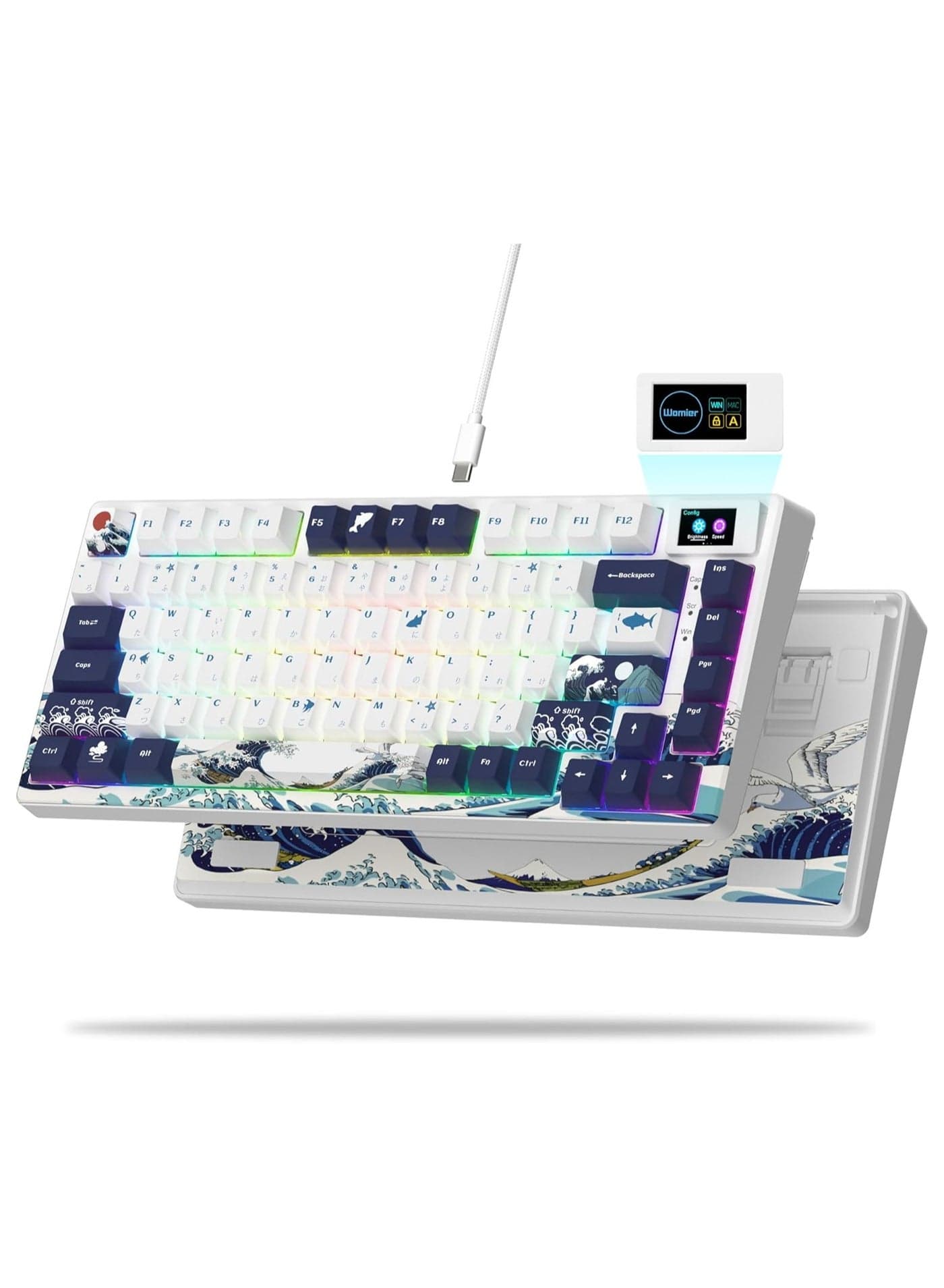 S-K80 Gaming Keyboard,75% Wireless Mechanical Keyboard with Color & OLED Display, Hot Swappable Keyboard, RGB Custom Keyboard Board Mount, Pre-Lubricated Stabilizer for Mac/Win,White Kanagawa