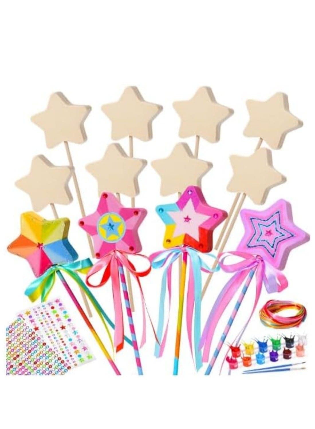 47Pcs Fairy Wand Making Kit, 12 Unfinished Wood Crafts for Kids: Create Your Own Princess Wands with Stickers,Ribbons,DIY Magical Art Projects Great Gifts for Girls