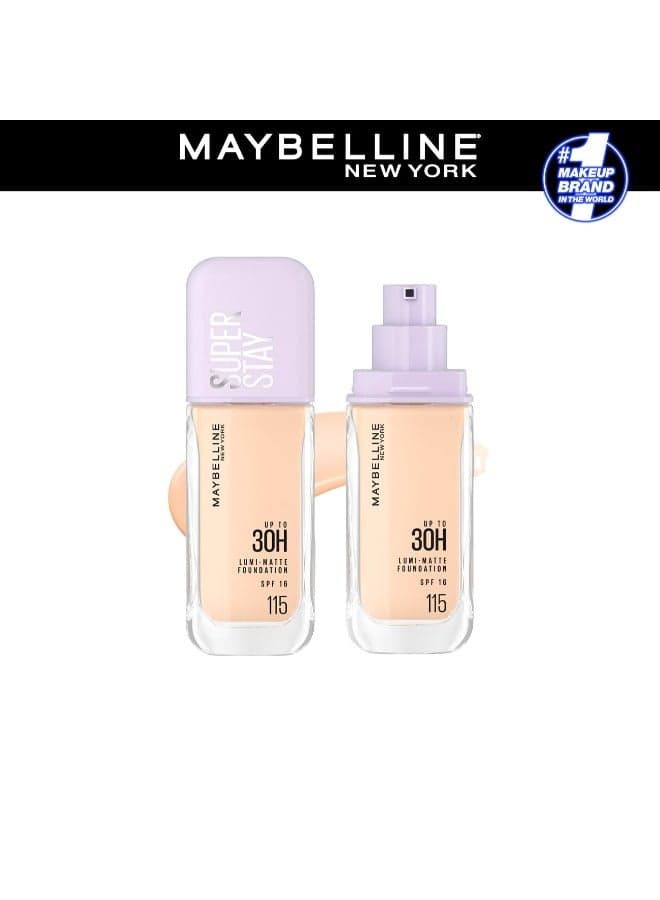 MAYBELLINE SUPER STAY LUMI-MATTE FOUNDATION 30H LONGWEAR, LIGHTWEIGHT, WATERPROOF, SWEATPROOF, HEATPROOF, STAY TRUE TO TONE ALL DAY, 115