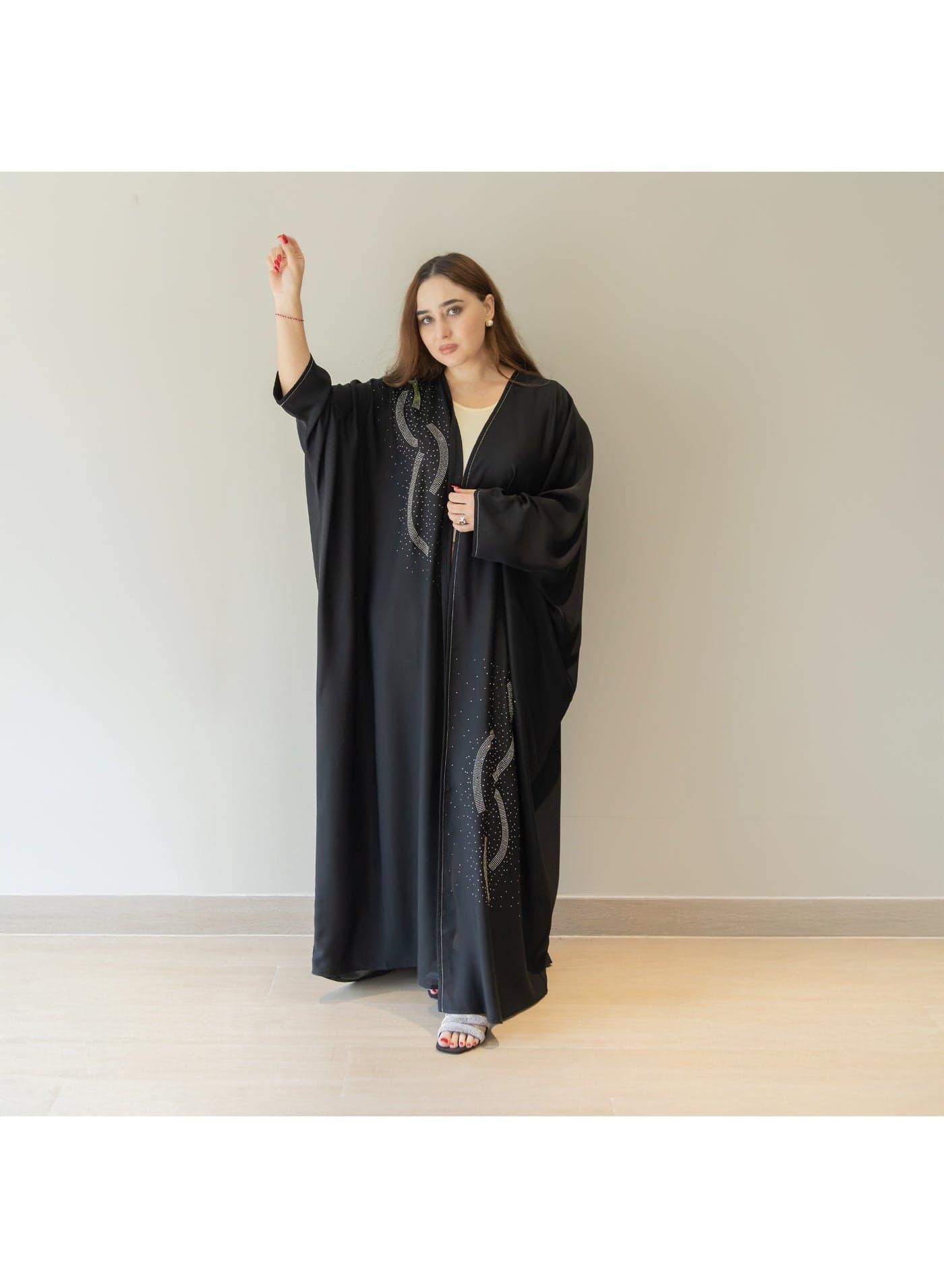 Linelle Luxury Black Embellished Abaya for Women - Elegant Free-Flowing Front Open and Batwing Sleeves, Modest Daily and Occasion Wear