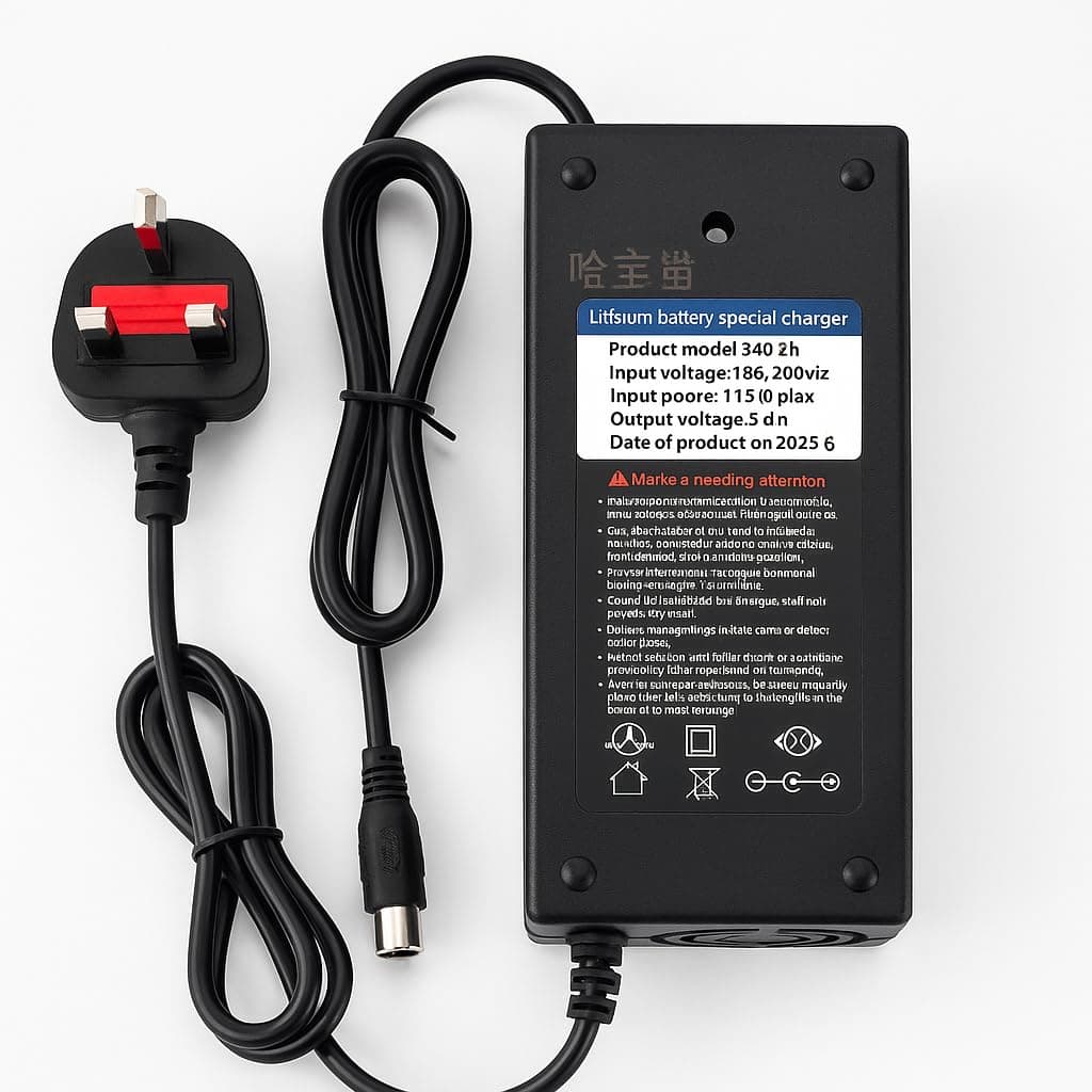 شاحن FUKUKAWA® 48V 2A للدراجات الكهربائية والسكوترات الكهربائية | خرج DC 54.6 فولت، إدخال 220 فولت 50 هرتز | شاحن بطارية ليثيوم ذكي مع قابس بريطاني وحماية متعددة | شحن سريع وآمن للدراجات التوصيل