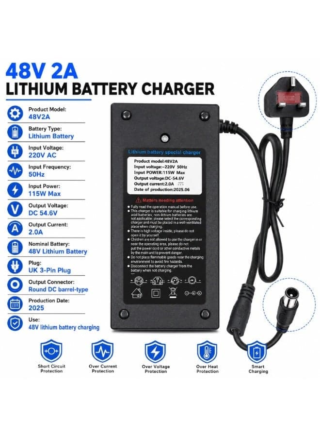 FUKUKAWA® 48V 2A Charger for E-Bike & Electric Scooter | DC 54.6 V Output, 220 V 50 Hz Input | Smart Lithium Battery Charger with UK Plug & Multi-Protection | Fast Safe Charging for Delivery Bikes