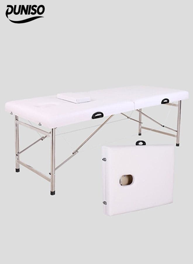 Portable Massage Table,Foldable Professional Massage Tables with Pillow,SPA Bed with Stainless Steel Frame 2 Fold for SPA Salon Tattoo Massage Therapeutic Treatment,White