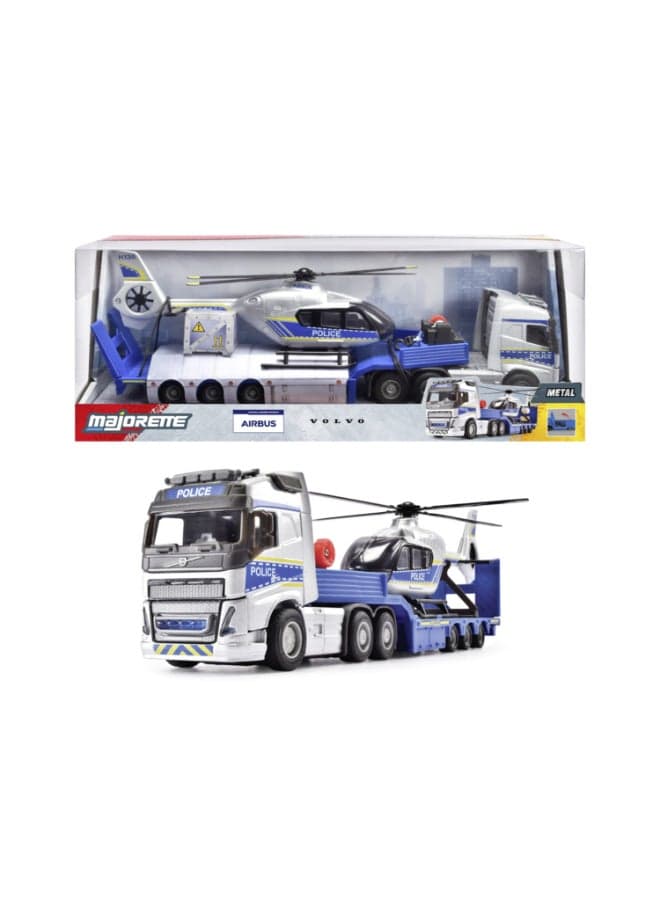 Majorette Volvo Truck + Airbus Police Helicopter, 35 cm Police Transporter Set with Trailer and 25.5 cm Airbus H135 Helicopter, Lights & Sound, Winch, Fold-Out Rotors, Diecast Toy for Kids Ages 3+