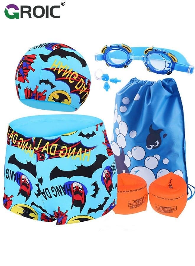 6-Pieces Kids Swim Goggles Set, Batman Caps, Goggles, Trunks, Wing, Nose Clip, Earplug and Bag, Water Sports Learning Swimming Training Aids for 28-38Lb