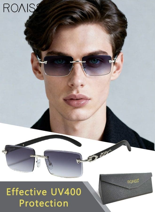 Fashionable Rectangular Sunglasses for Men, Cheetah Decorated Rimless Sun Glasses, UV400 Protection, Outdoor Anti-glare Sun Shades for Outdoor Party Street Photography