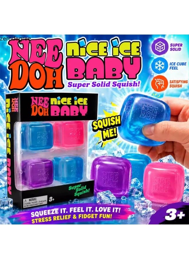 Nice Ice Baby Squishy Cubes, 4-Pack Stress Relief Ice Cube Fidget Toys, Super Solid Squeeze Toys for Kids & Adults