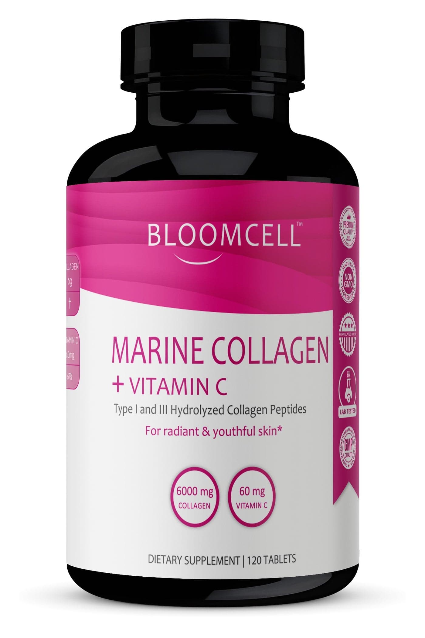 Marine Collagen (Hydrolyzed Collagen Peptides Type I & II) + Vitamin C- 120Tablets