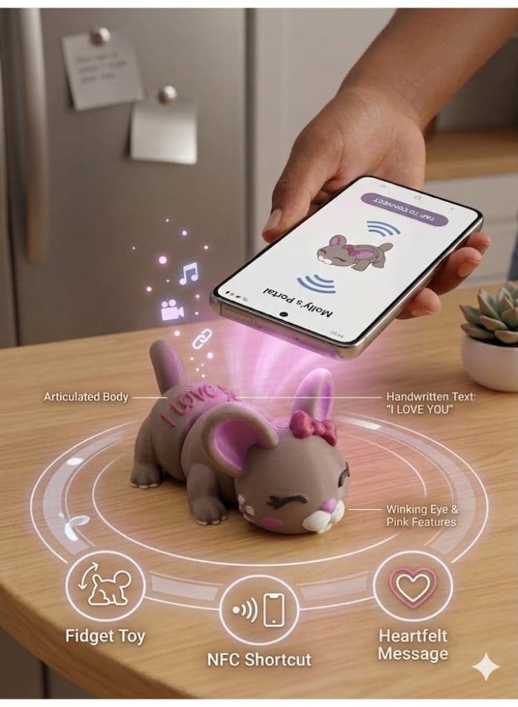 Articulated 3D Printed Mouse Figure and Integrated NFC - ‘I Love You’ Message on Back - Fidget Toy & Digital Portal