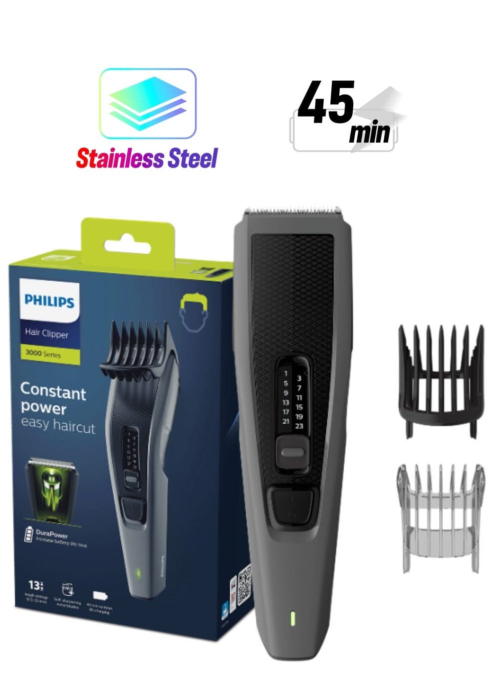 Hair Clipper HC3525/13,Easy, Even Haircuts,Self-Sharpening Blades, 13 Length Settings,45min Cordless, DuraPower Tech, Washable Blades Black/Grey