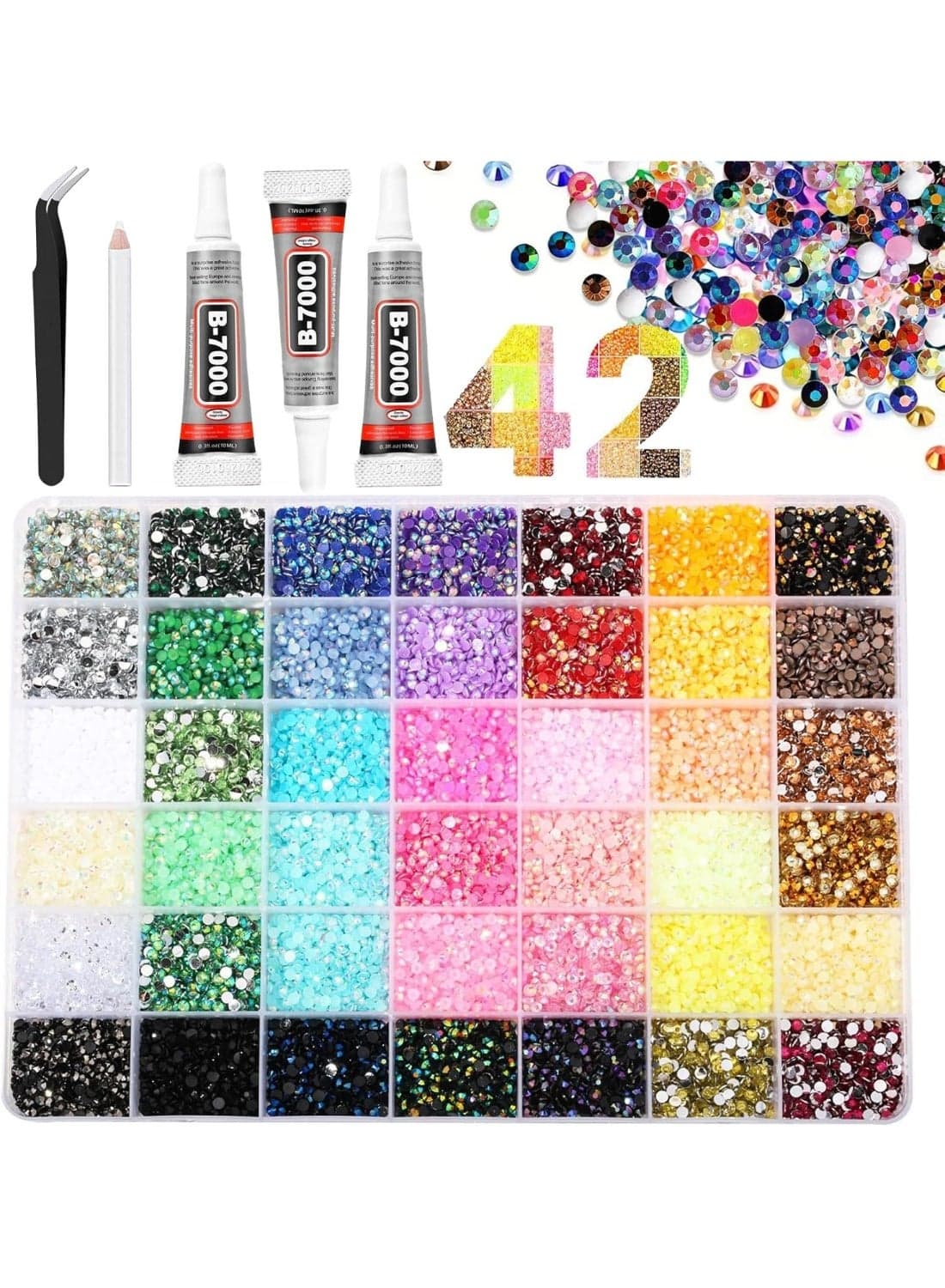 37800PCS Resin Jelly Rhinestones Kit for Bedazzling, 42 Colors 3mm DIY Bulk Resin Gems with 3 Glues Pickup Pen Tweezers, Multicolor Bedazzling Gems for Nail Art Tumblers Shoes Clothing DIY Craft