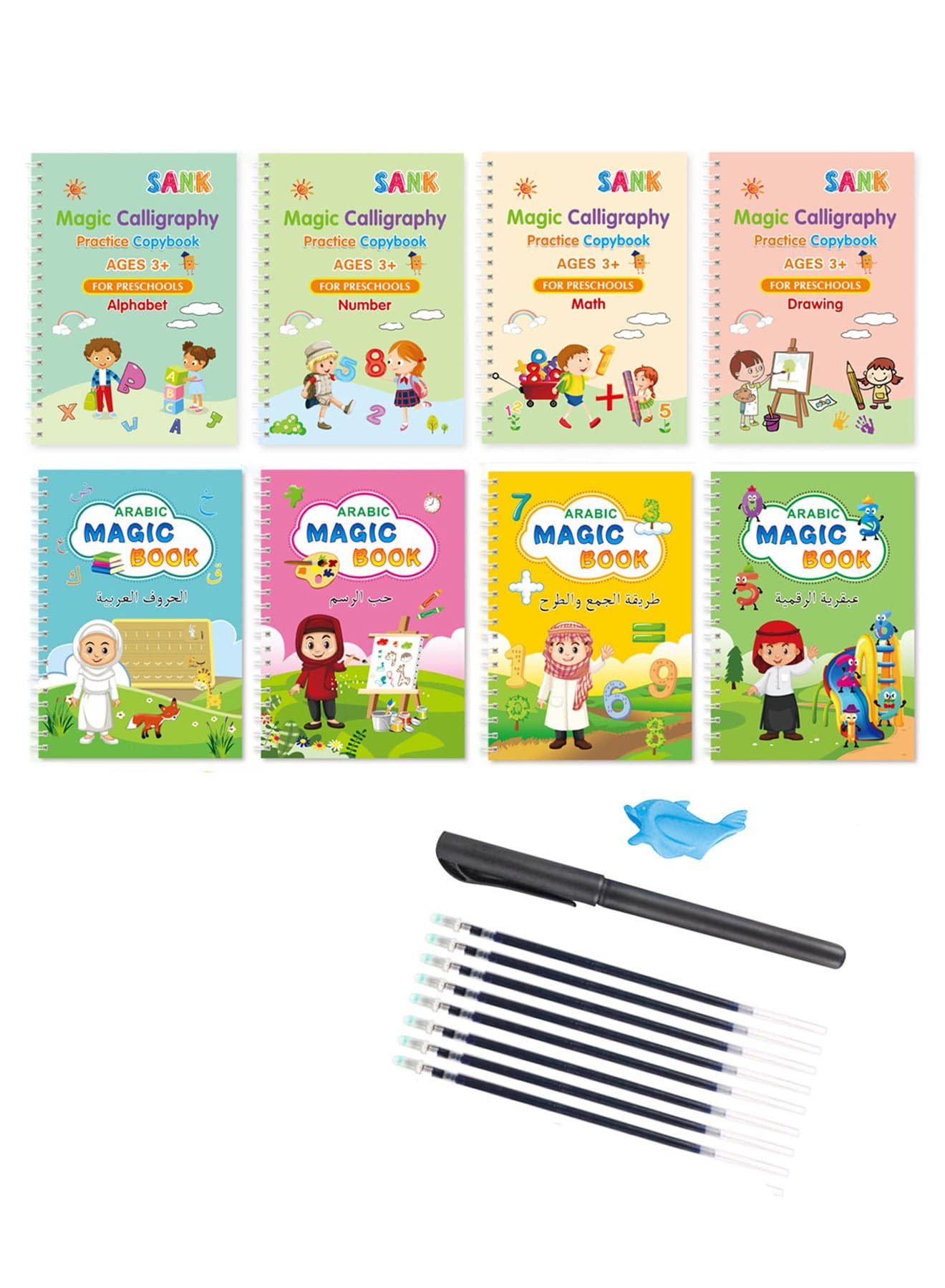 8 Pieces (4 Arabic And 4 English) Bilingual Magical Handwriting Practice Copybooks Early Childhood Education Materials Reusable Calligraphy Copybook Set For Preschoolers With Magic Pen