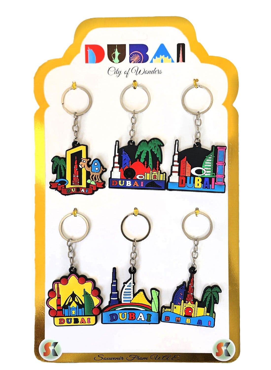 Set of 6 multicolor PVC keychains made from soft, durable rubber with vibrant designs—perfect Dubai souvenirs, gifts, or everyday accessories.