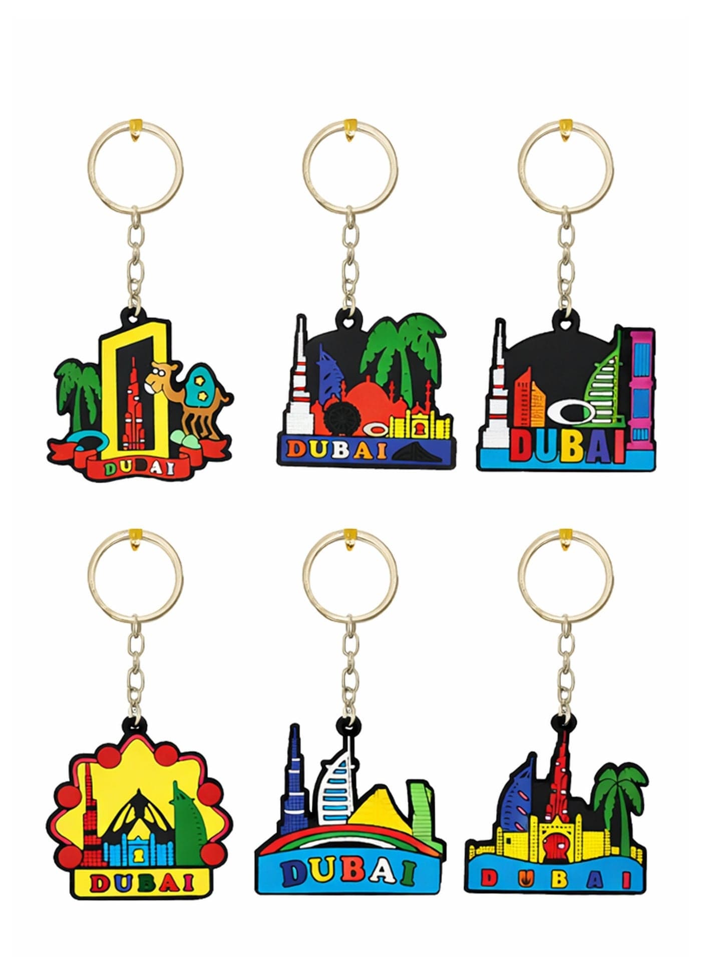 Set of 6 multicolor PVC keychains made from soft, durable rubber with vibrant designs—perfect Dubai souvenirs, gifts, or everyday accessories.