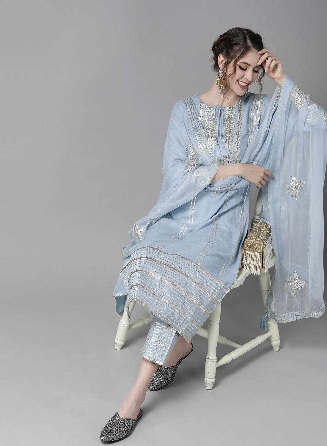 Women'S Blue Polyester Blend Self Design Full Length Palazzo Kurta Set