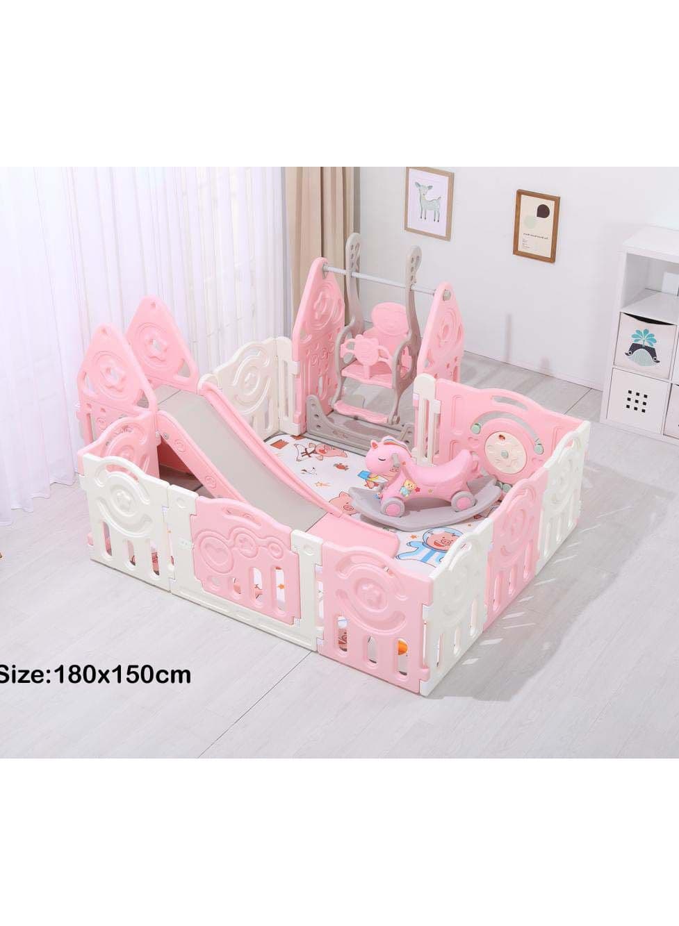 RBW 5 in 1 Multi-function Playing Set, 5 In 1 Slide, Swing, Seesaw, Playpen and Fence, Play Mat including All Kind of Kids Activities, Comfortable Slide for Baby Safety, Size:180x150x60cm