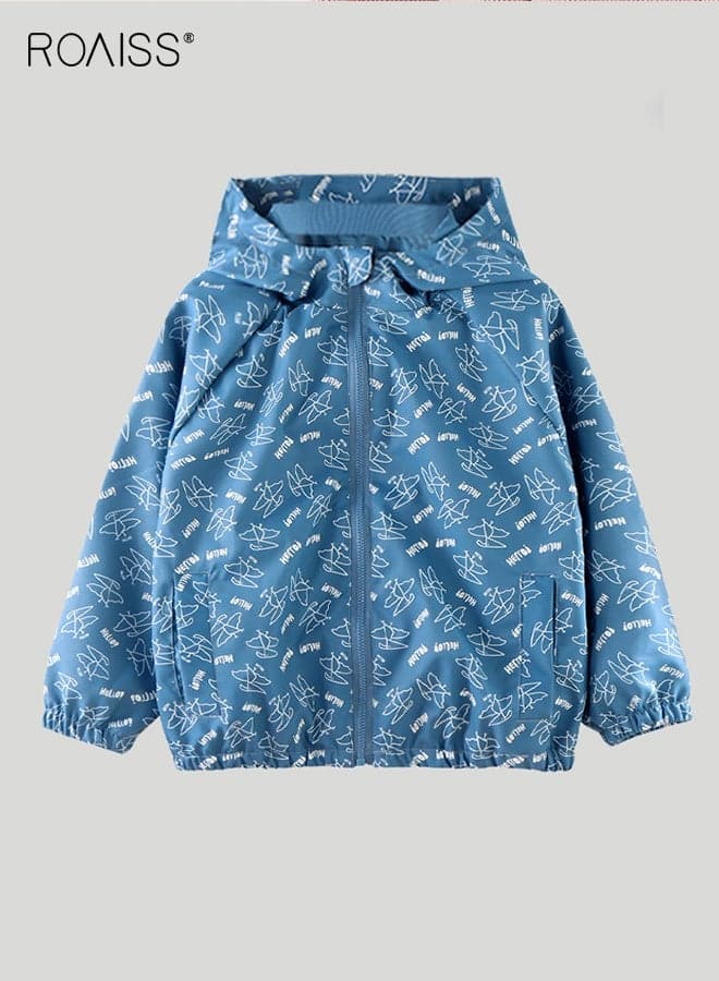 Boys Waterproof Hooded Jacket, Full Zip Windbreaker with 2 Side Pockets, Comfortable Full Zip Coat with Adorable Patterns, Long Sleeve Outdoor Jacket for Boys, Suitable for Daily Wear and Other Occasions