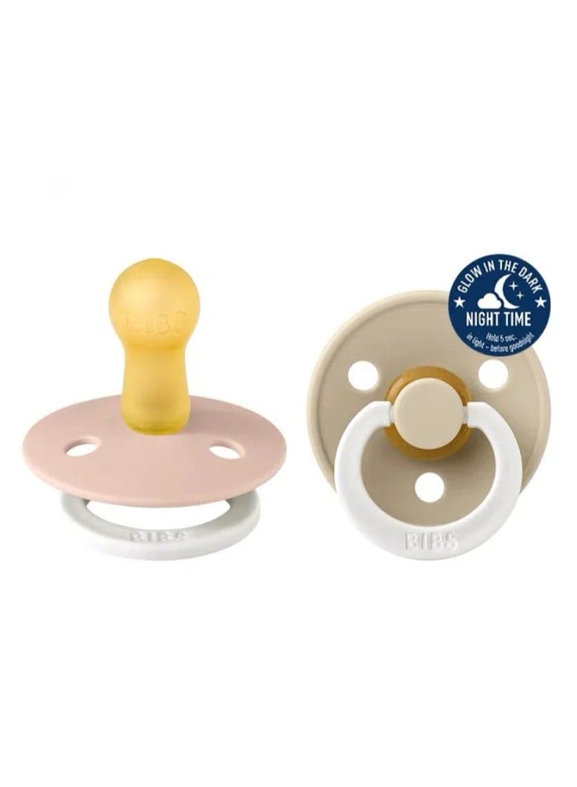 BIBS Baby Pacifiers | 2-Pack Soothers | BPA-Free Round Nipple | Made in Denmark | Super Soft Bite Resistance | Sleep Anti-Flatulence | Baby Teething Toy | Blush and Vanilla(Glow-in-the-dark)