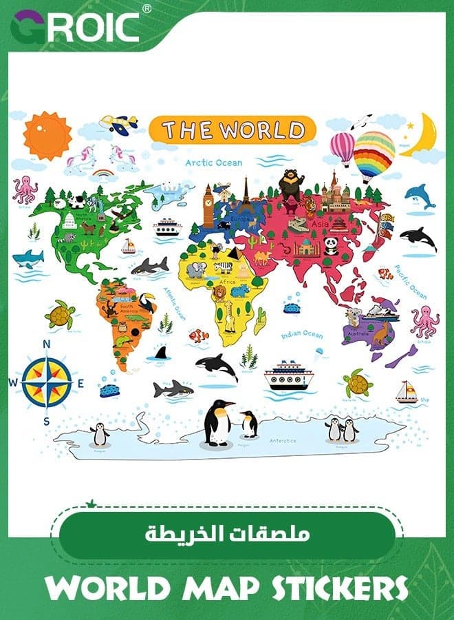 World Map Kids Wall Stickers Decals Peel and Stick Removable for Nursery Bedroom Living Room Art murals Decorations,Kids Educational Pee