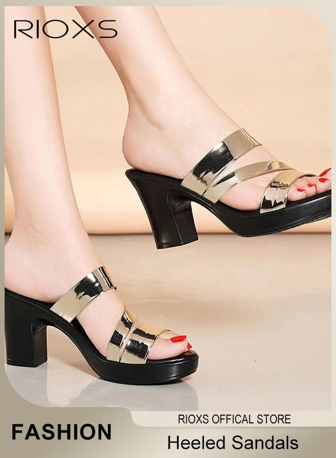 Women's Heeled Sandals, 6cm Chunky Block Heel Sandals, Bright Strappy Platform Slippers for Women, Fashion Chunky Heel Elegant Shoes, Round Toe Summer Sandals, Anti-slip Block Heels Mule Sandals for Party Dating Wedding, Ladies Dress Pumps Shoes, Gold Sandals Woman Footwear