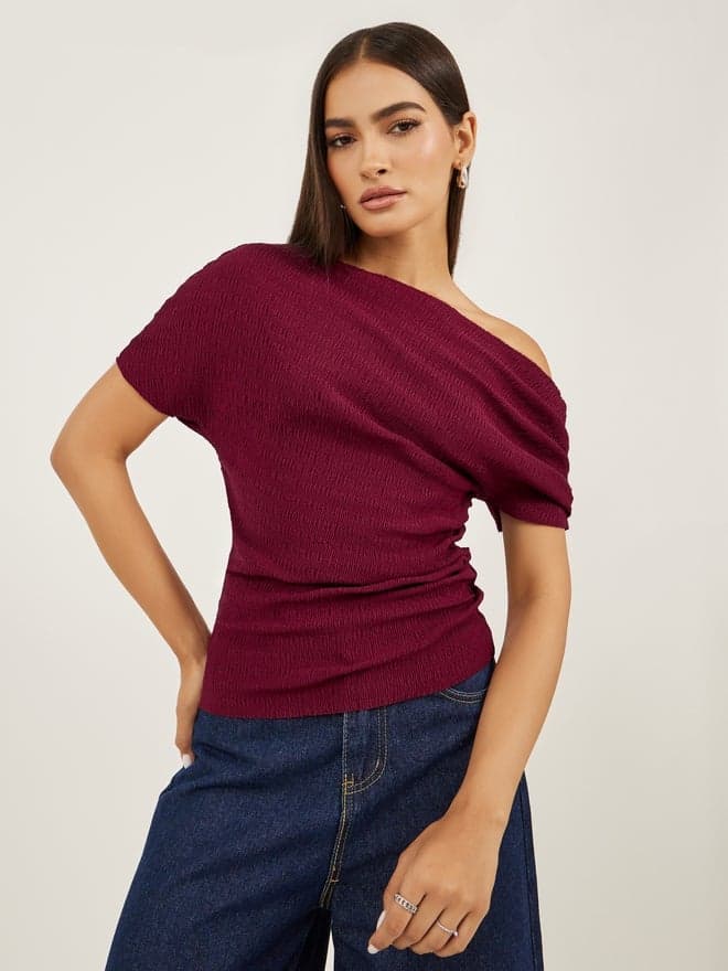 Women Burgundy Textured Asymmetric Neck Knit Top