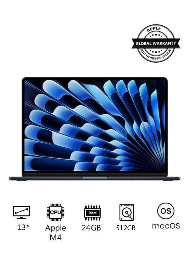 New 2025 MacBook Air MC6C4 13-Inch Display, Apple M4 Chip 10-Core CPU 10-Core GPU Processor/24GB RAM/512GB SSD/macOS(International version) English Midnight